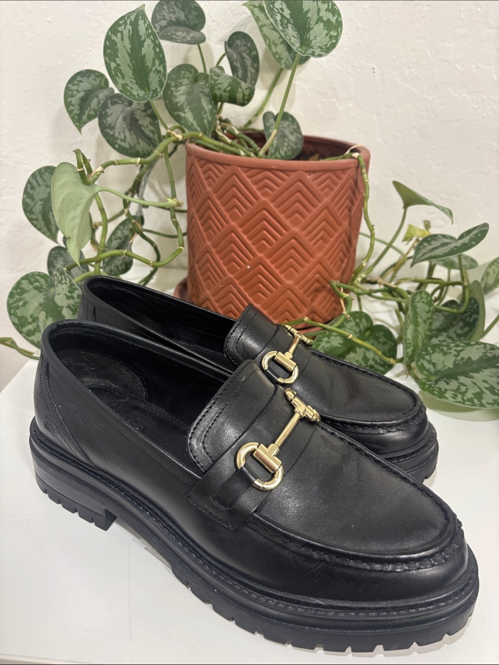 Dune London Gallagher Black Leather Loafers with Gold Bit Hardware Size 40